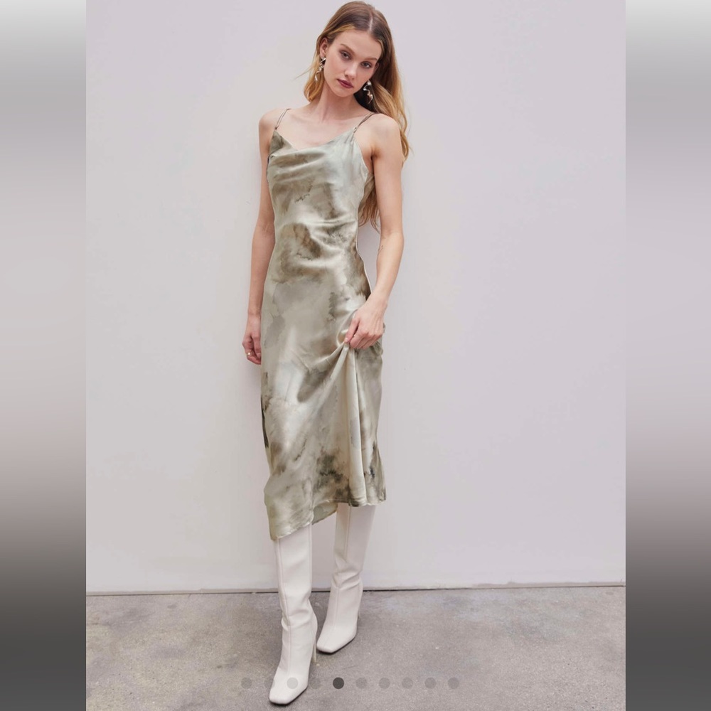 Cider Satin Watercolor Cowl Neck Midi Dress